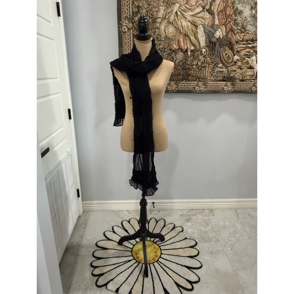 Black Cashmere Blend Scarf Womens Lightweight Sheer Ruffled Long Wrap Fashion